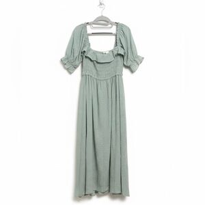 Sage Green Elastic Square Neck Ruffled Dress